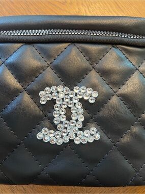 Black Quilted Shoulder Bag with Crystal CC Logo Accent